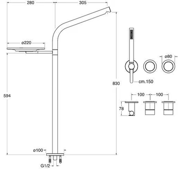 SX CRISX133 - 4 hole floor standing bathtub set with hand shower by CRISTINA Rubinetterie - view 3